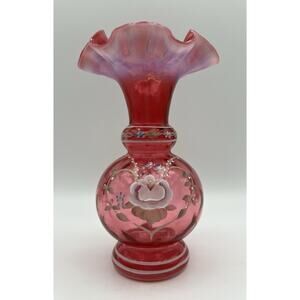 Fenton Cranberry Opalescent Diamond Optic Hand Painted Art Glass Vase 7.5” LE